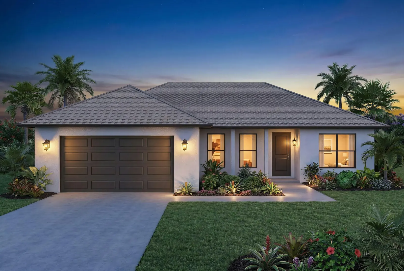 Single-story Santee home with a dark brown garage door and palm trees at dusk