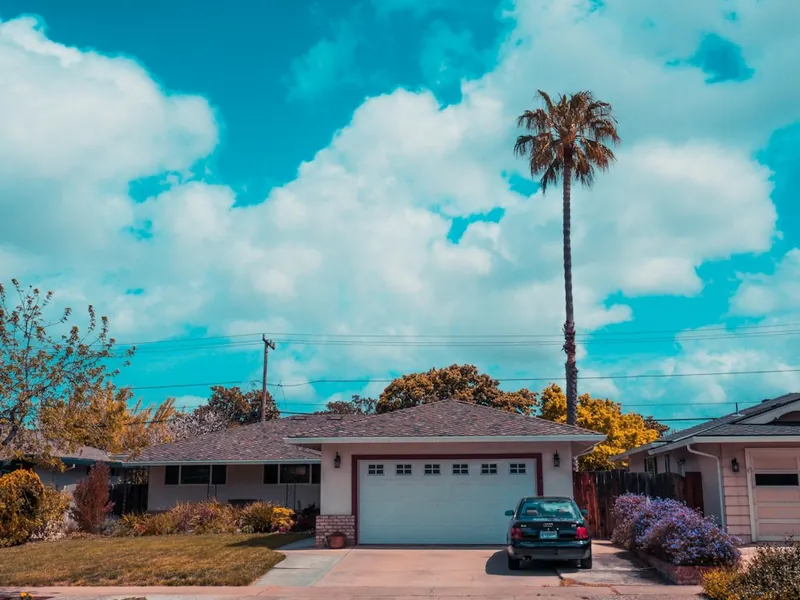 Ranch-style home with a white garage door and palm tree in Santee